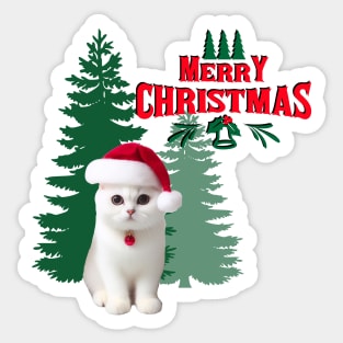 White Cat with Christmas tree Merry Christmas Sticker